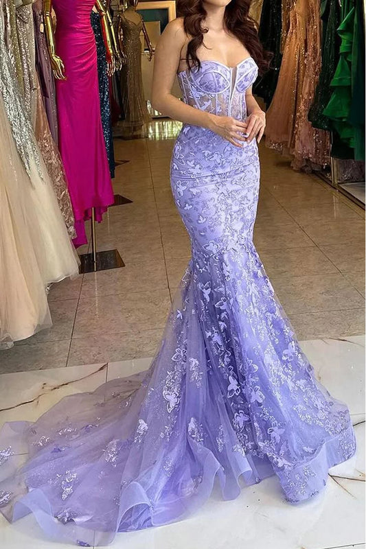 Luxury Lilac Butterfly Embroidered Sweetheart Evening Gown Prom Dress DP8168