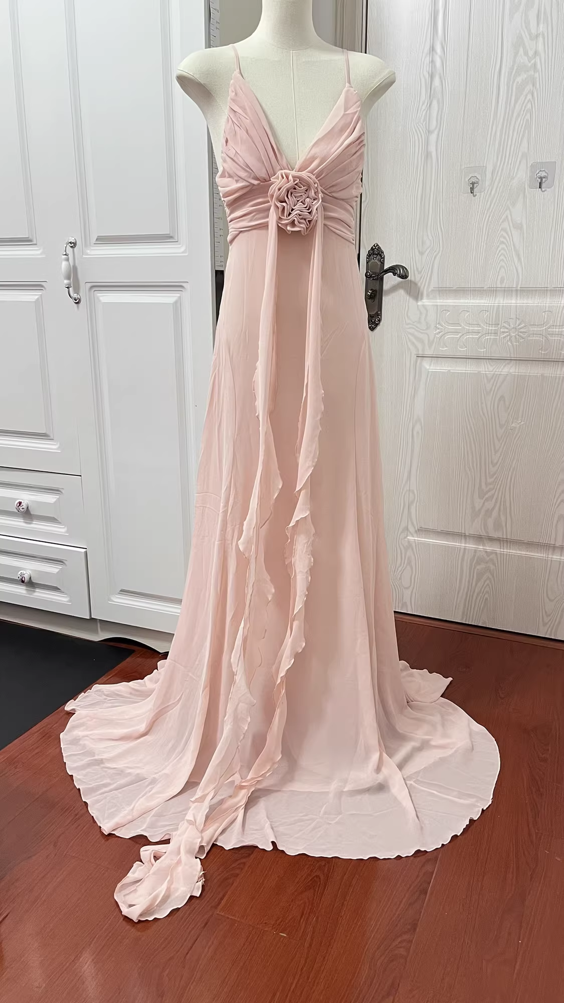 Ethereal Pink Spaghetti Strap Ruffled 3D Floral Prom Dress DP7953