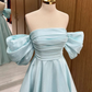 Light Blue Off Shoulder Satin Long Prom Dress Graduation Dress, DP3505