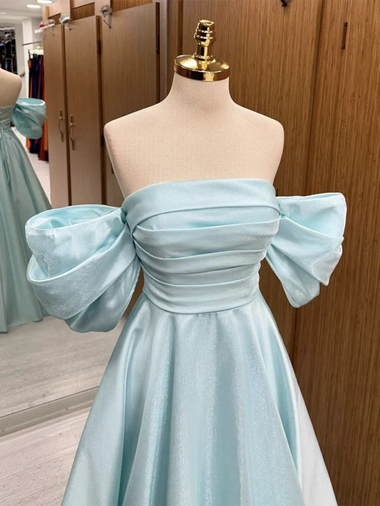 Light Blue Off Shoulder Satin Long Prom Dress Graduation Dress, DP3505