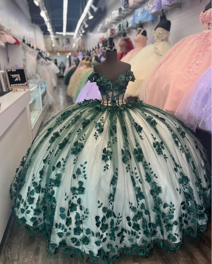 Dark Green Off Shoulder Quncenera Dress Appliques Sweet 16 Ball Gown, DP3348