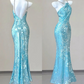 Ice Blue Halter Sequins Open Back Sheath Long Evening Party Dress, DP3791