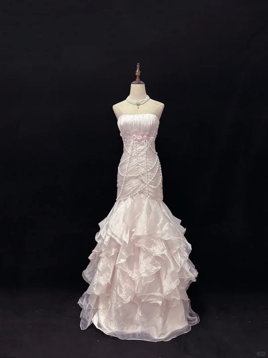 Elegant Light Pink Strapless Chiffon Sweet 16 Quinceanera Mermaid Evening Dress Ball Gown DP6289