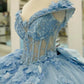 Robe de bal de quinceañera bleu ciel glamour, ornée d'appliqués floraux et de tulle scintillant, épaules dénudées, manches longues, coupe trapèze, DP7163