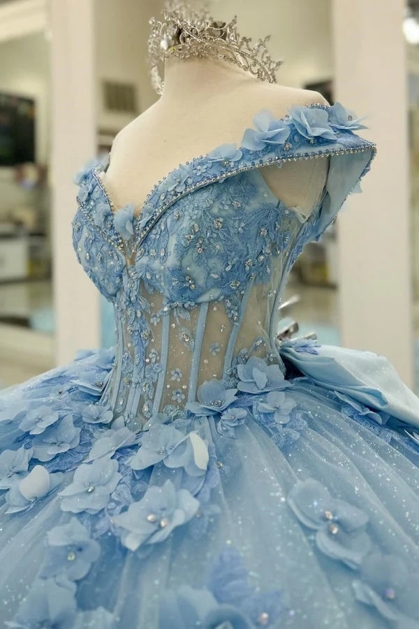Robe de bal de quinceañera bleu ciel glamour, ornée d'appliqués floraux et de tulle scintillant, épaules dénudées, manches longues, coupe trapèze, DP7163