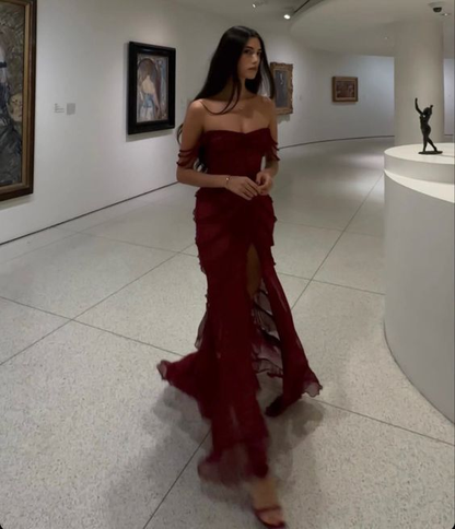 Burgundy Off Shoulder Elegant Long Evening Party Dress With Slit, DP3064