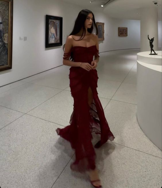 Burgundy Off Shoulder Elegant Long Evening Party Dress With Slit, DP3064