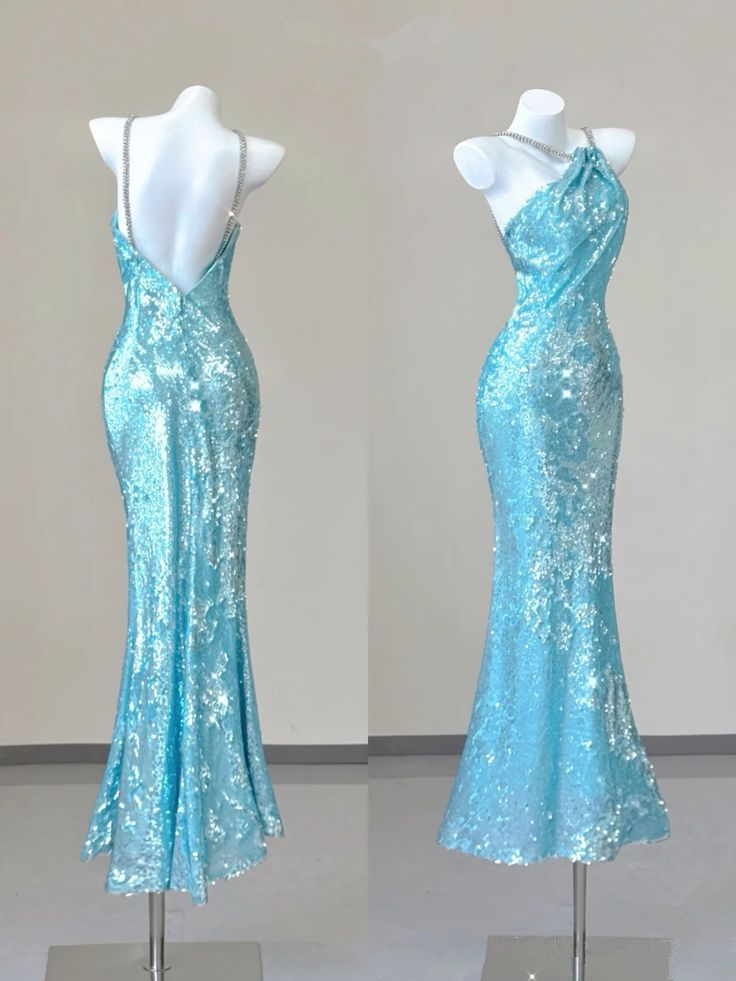 Ice Blue Halter Sequins Open Back Sheath Long Evening Party Dress, DP3791