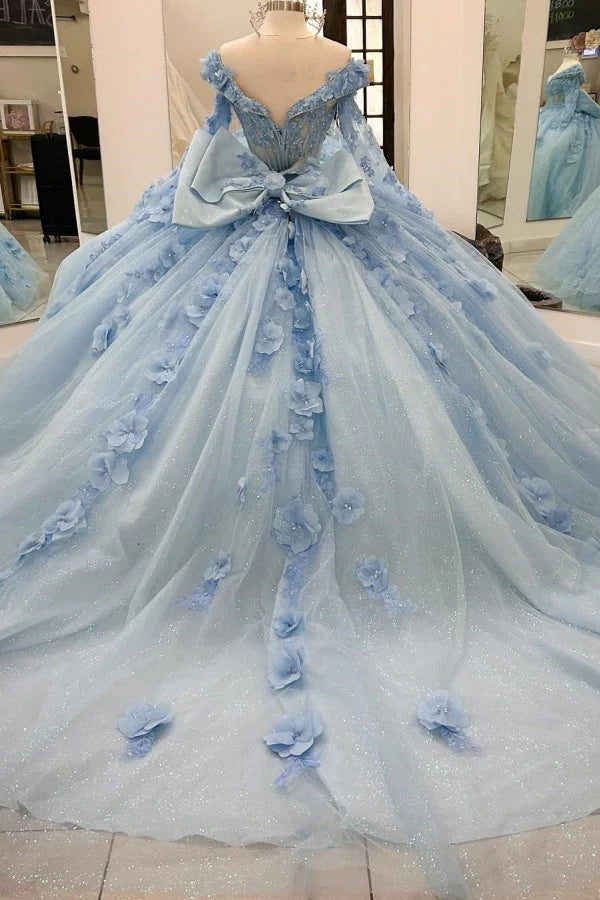 Robe de bal de quinceañera bleu ciel glamour, ornée d'appliqués floraux et de tulle scintillant, épaules dénudées, manches longues, coupe trapèze, DP7163