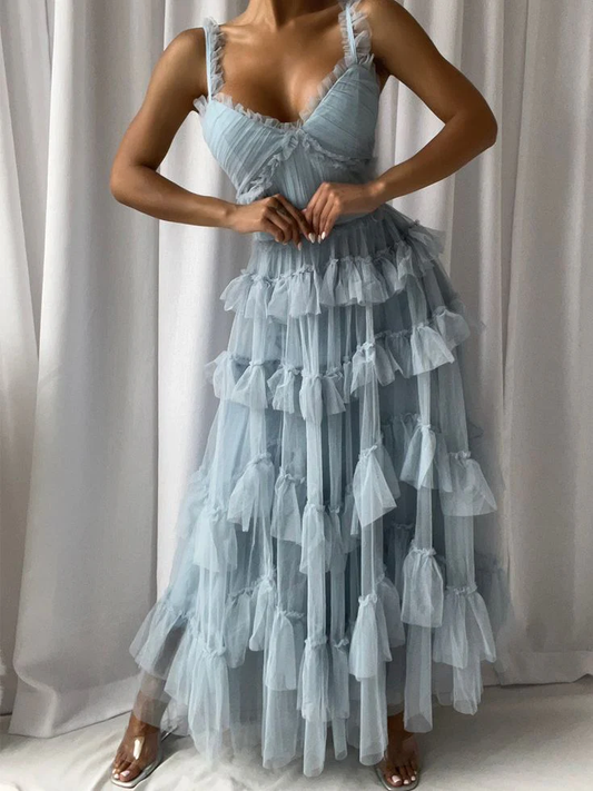 Light Blue A-Line Tulle Tiered Cute Prom Dress Party Gown, DP2561