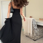 Simple Black Strapless A-Line Ruffles Long Party Dress with Split, DP3322