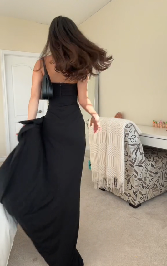 Simple Black Strapless A-Line Ruffles Long Party Dress with Split, DP3322