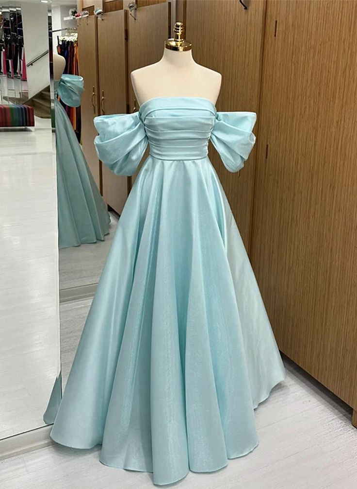 Light Blue Off Shoulder Satin Long Prom Dress Graduation Dress, DP3505