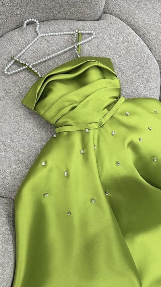 Green Spaghetti Straps A-Line Satin Long Party Dress with Beadings, DP3508