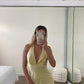 Light Yellow V Neck Halter Long Party Dress Wedding Guest Dress, DP3384