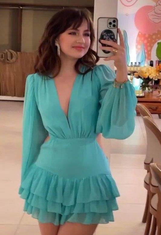 Tiffany Blue Long Sleeves V Neck A-Line Cute Mini Party Dress, DP3421