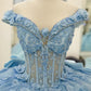 Robe de bal de quinceañera bleu ciel glamour, ornée d'appliqués floraux et de tulle scintillant, épaules dénudées, manches longues, coupe trapèze, DP7163