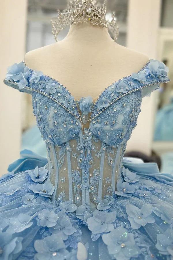 Robe de bal de quinceañera bleu ciel glamour, ornée d'appliqués floraux et de tulle scintillant, épaules dénudées, manches longues, coupe trapèze, DP7163