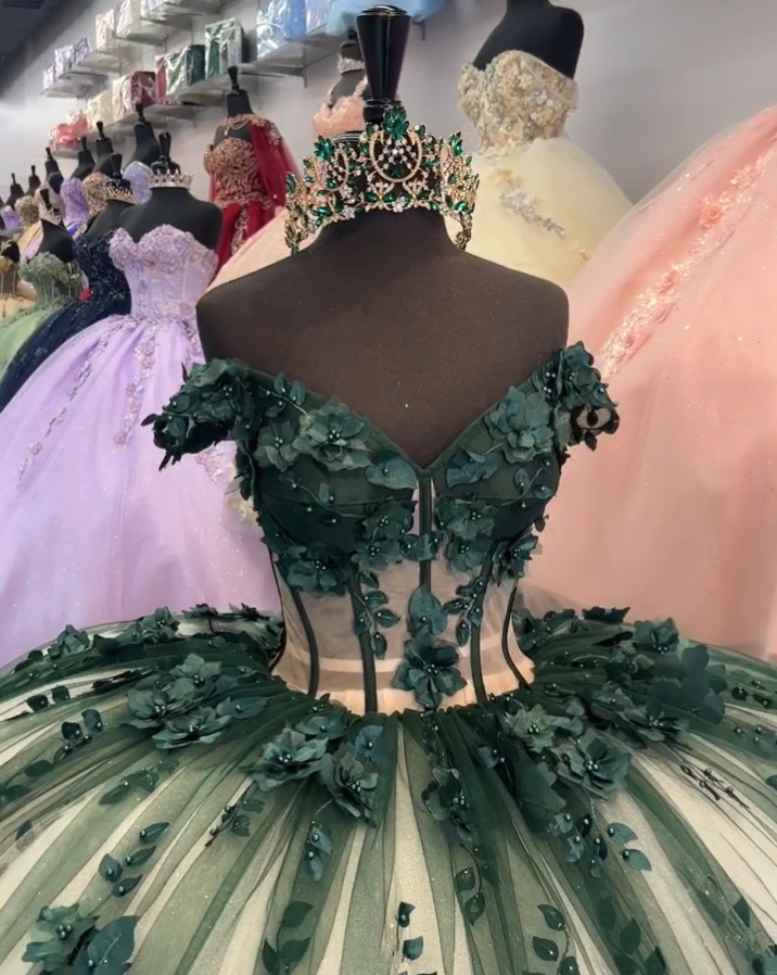 Green Off Shoulder Appliques Lace Ball Gown Sweet 15 Quinceanera Dress, DP3005