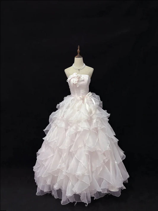 Vintage Light Pink Strapless Chiffon Sweet 16 Quinceanera A-Line Ruffles Evening Dress Ball Gown DP6297