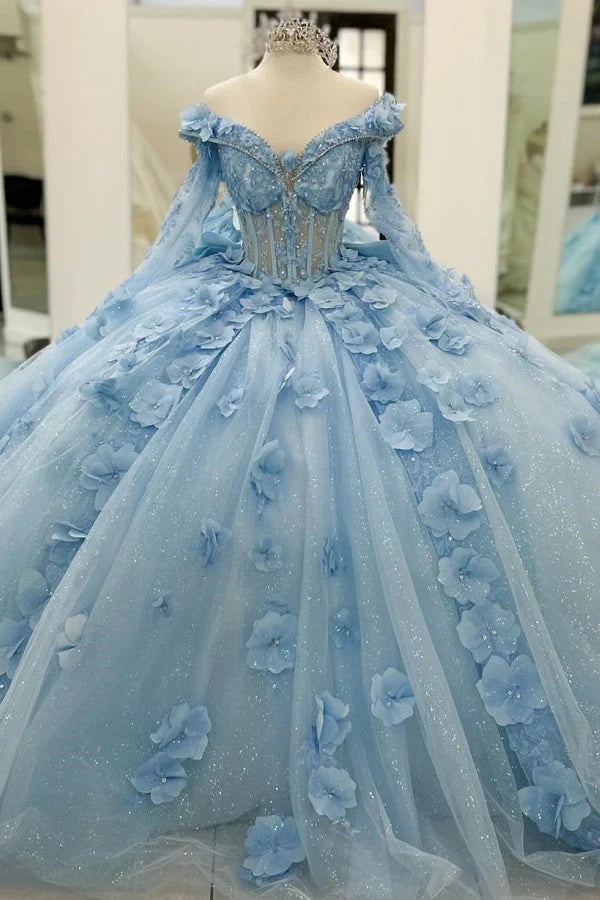 Robe de bal de quinceañera bleu ciel glamour, ornée d'appliqués floraux et de tulle scintillant, épaules dénudées, manches longues, coupe trapèze, DP7163