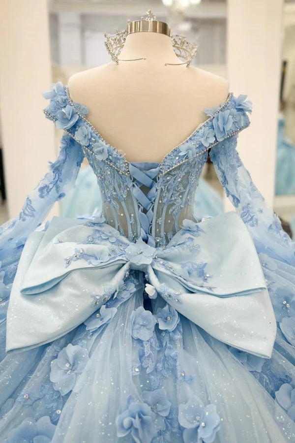Robe de bal de quinceañera bleu ciel glamour, ornée d'appliqués floraux et de tulle scintillant, épaules dénudées, manches longues, coupe trapèze, DP7163