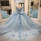 Robe de bal de quinceañera bleu ciel glamour, ornée d'appliqués floraux et de tulle scintillant, épaules dénudées, manches longues, coupe trapèze, DP7163