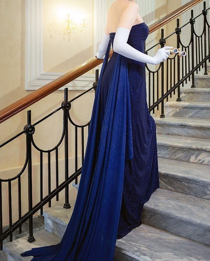 Dark Blue Strapless A-Line Vintage Long Prom Dress Evening Gown DP3886