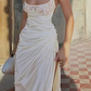 White Strappy Lace Satin Asymmetrical Long Party Dress Birthday Outfits, DP3203