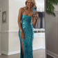 Elegant Blue Sequins Straps Mermaid Long Formal Prom Dress DP3864