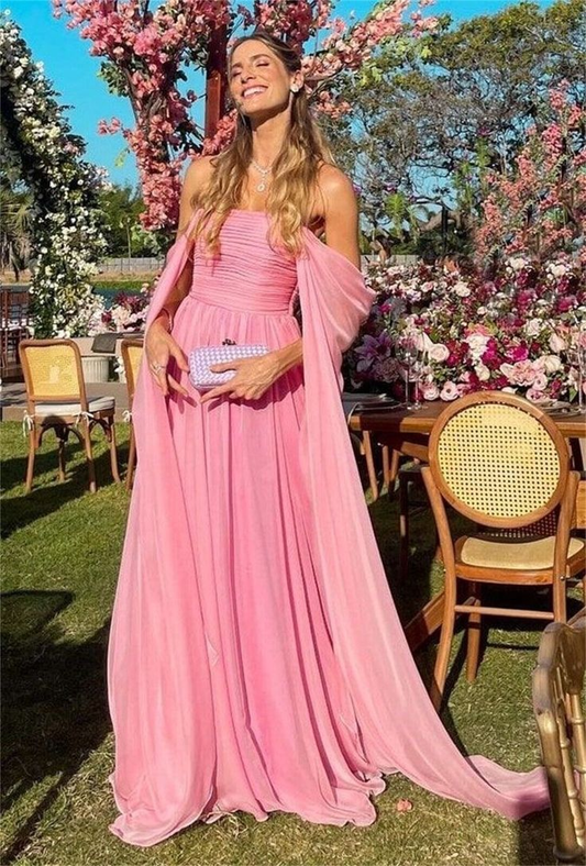 Pink Off Shoulder A-Line Long Prom Dress Wedding Guest Dress, DP2951