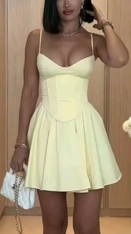 Light Yellow Straps A-Line Short Party Dresses Homecoming Dresses, DP5778