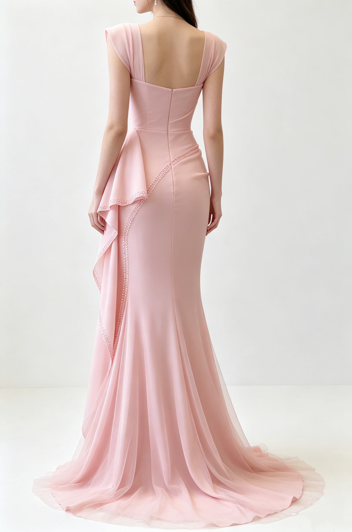 Vintage Pink Ruched Mermaid Ruffle Cap Sleeve Evening Gown DP8715