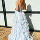 Dreamy Strapless Swetheart Ruffled Tiered High Slit Ball Gown DP8159
