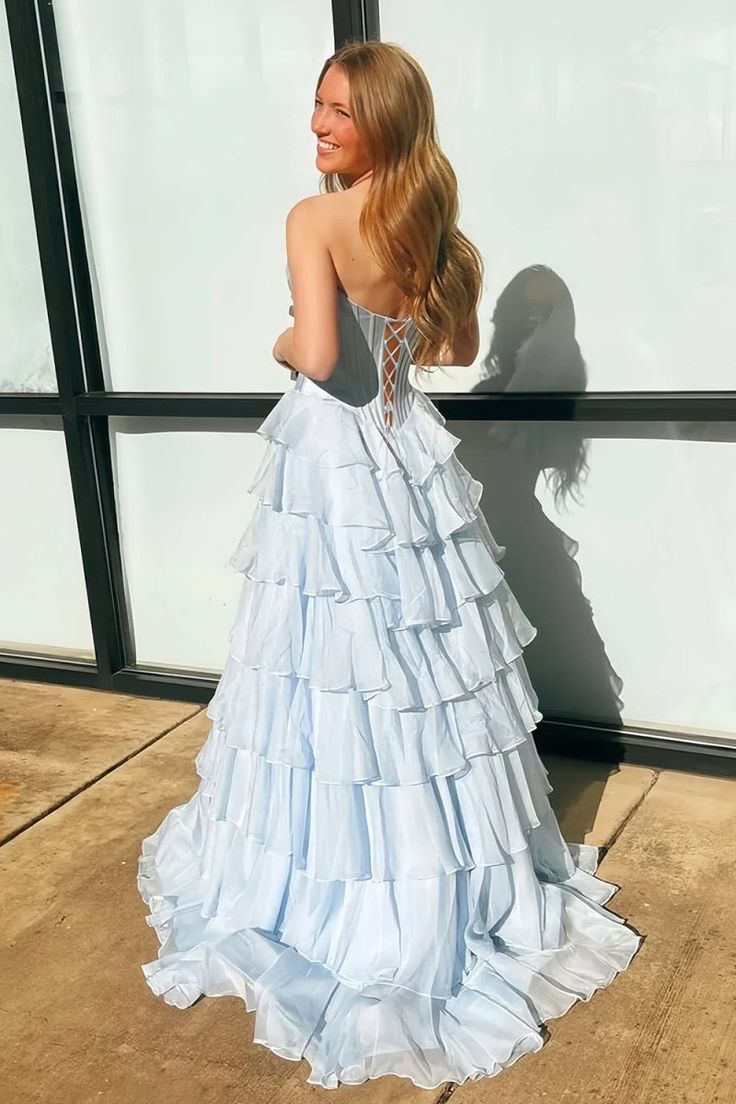 Dreamy Strapless Swetheart Ruffled Tiered High Slit Ball Gown DP8159