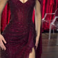 Chic Burgundy Sequin Off-the-Shoulder Evening Gown with High Slit & Cape DP7868
