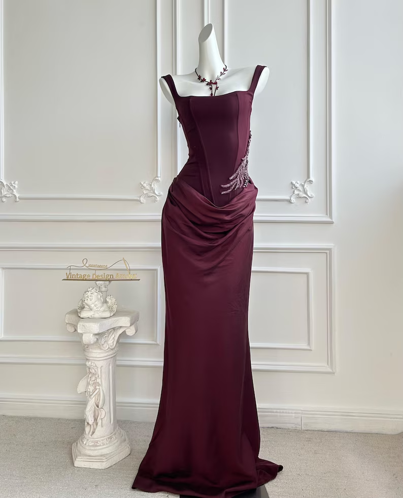 Elegant Burgundy Square Neck Corset Mermaid Beaded Evening Gown DP8399