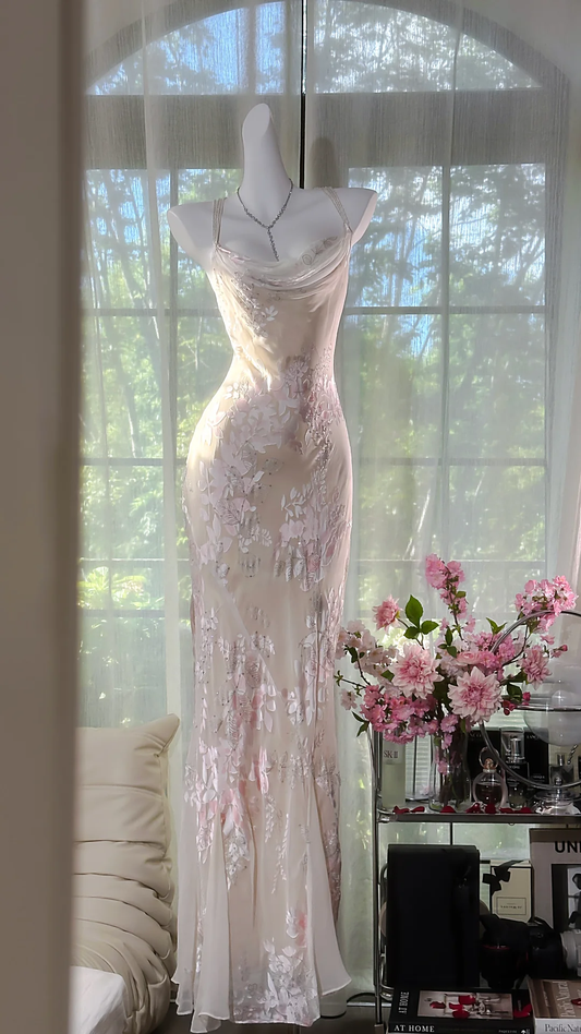 Elegant Light Pink Floral Applique Romantic Chiffon Evening Dress Prom Dresses DP6144