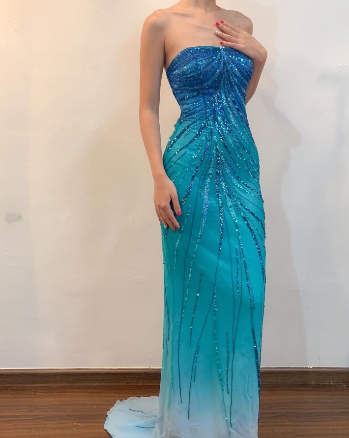 Blue Strapless Mermaid Sequins Vintage Long Party Dress, DP3987