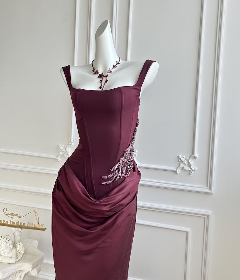 Elegant Burgundy Square Neck Corset Mermaid Beaded Evening Gown DP8399