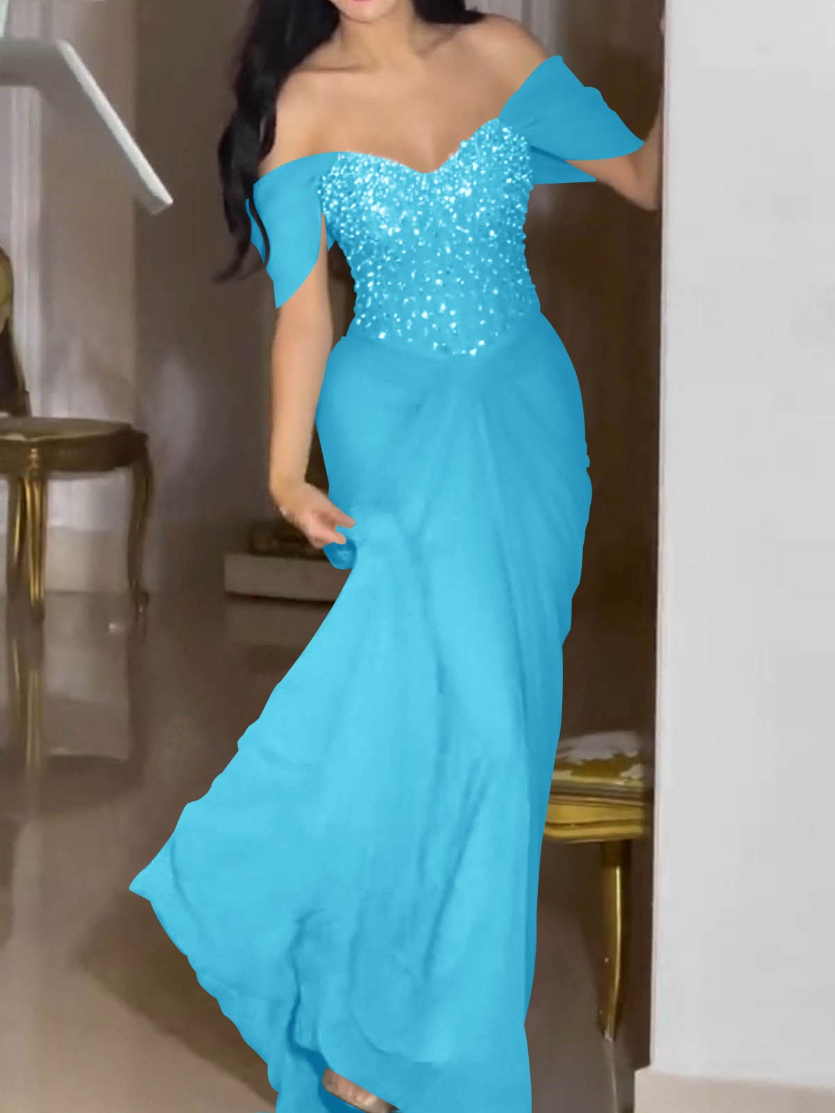Elegant Turquoise Off-the-Shoulder Sparkly Sequin Chiffon Sweetheart Evening Gown DP8636