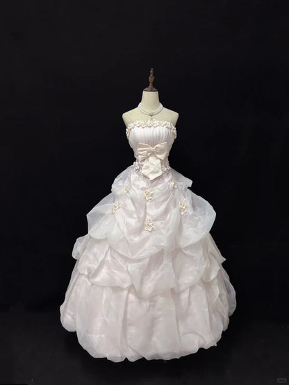 Elegant Light Pink Strapless Satin Sweet 16 Quinceanera A-Line Evening Dress Ball Gown DP6290