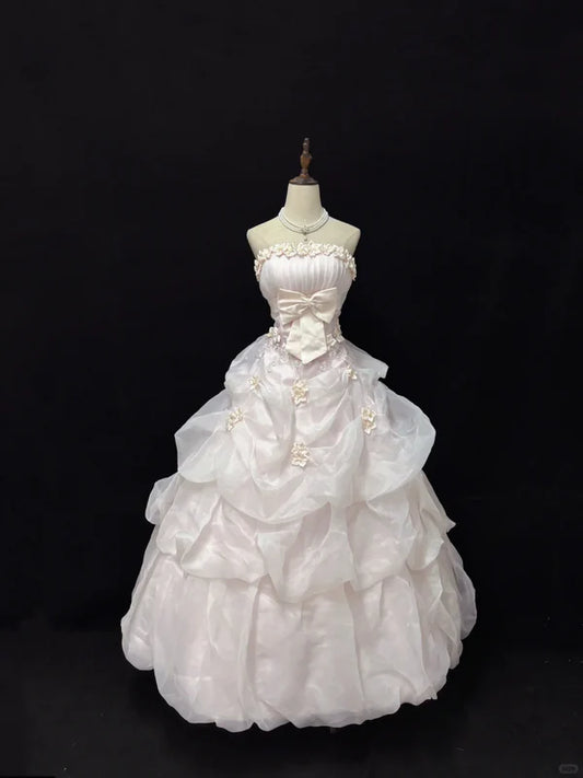 Elegant Light Pink Strapless Satin Sweet 16 Quinceanera A-Line Evening Dress Ball Gown DP6290