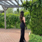 Charming Black Strapless Sheath Long Prom Dress with High Slit, DP3456