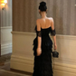 Black Off Shoulder Mermaid Lace Long Prom Dress Evening Party Dress DP3865