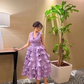 Elegant Purple V Neck A-Line Wavy Tiered Midi Formal Party Dress, DP3507