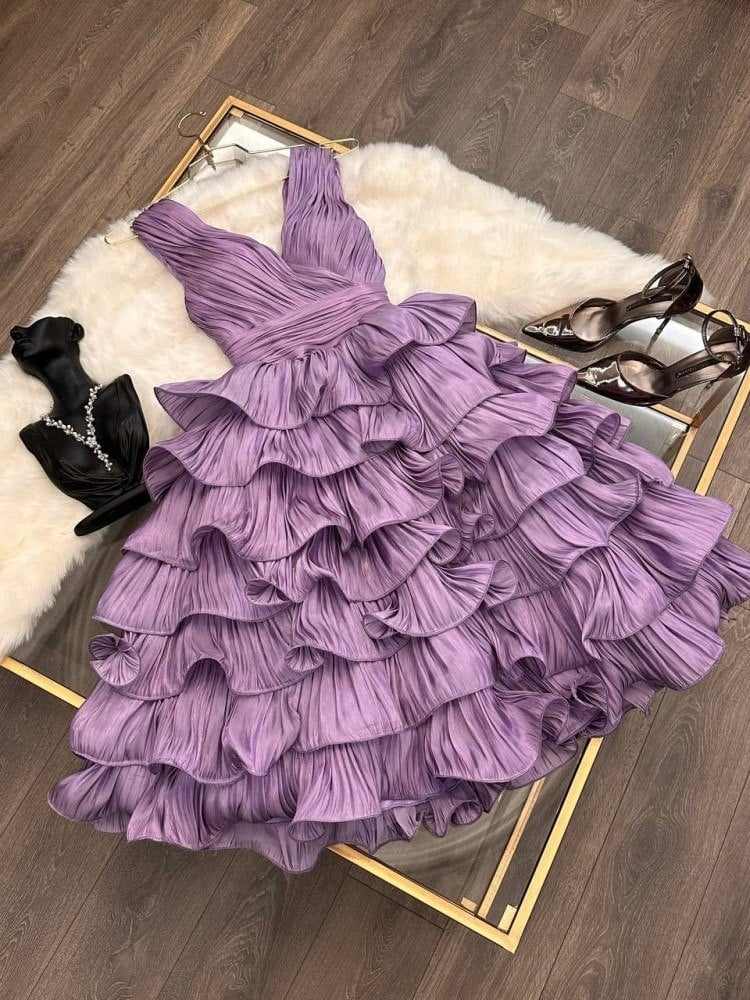 Elegant Purple V Neck A-Line Wavy Tiered Midi Formal Party Dress, DP3507