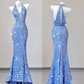 Blue V Neck Halter Sequins Sheath Long Evening Party Dress, DP3790