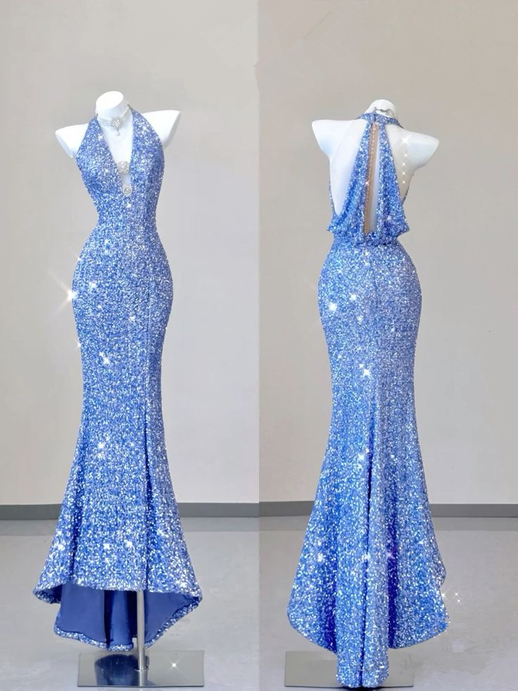 Blue V Neck Halter Sequins Sheath Long Evening Party Dress, DP3790