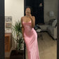 Pink Spaghetti Straps Satin Long Party Dress Wedding Guest Dress, DP3385